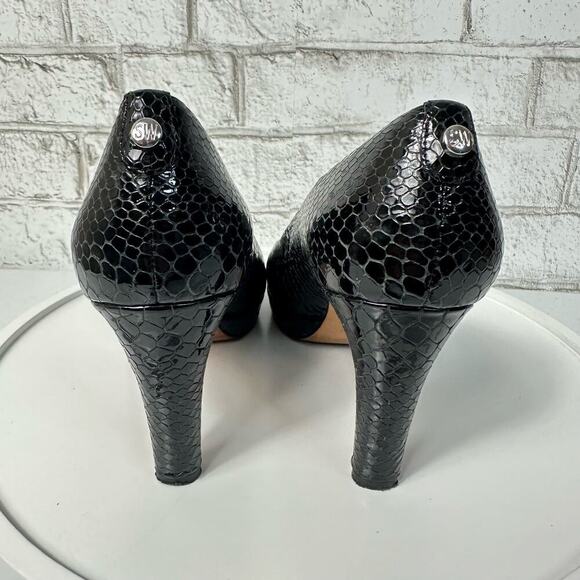 Stuart Weitzman Heels Leather Croc Snake Pattern Patent Peep Toe Pump Black 7.5 - Picture 4 of 12